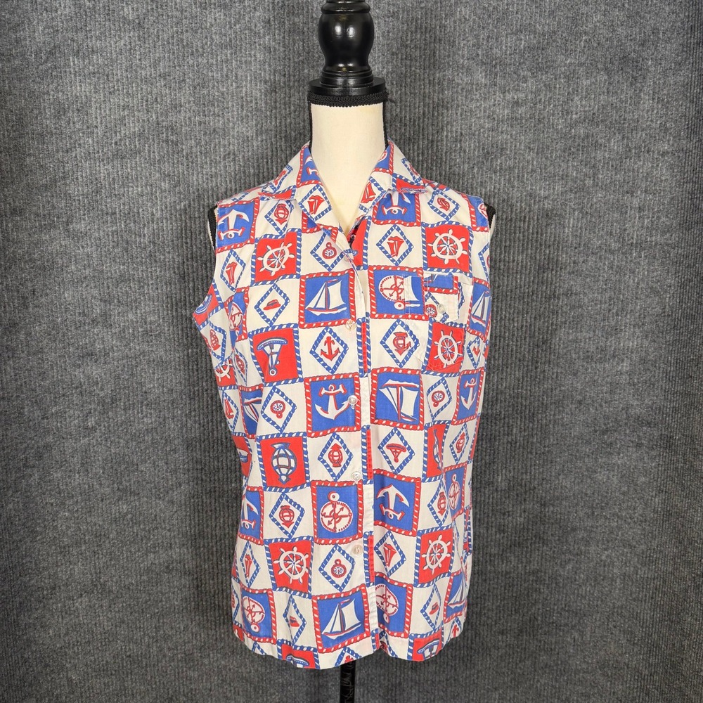VTG 70s Carol Brent Nautical Blouse M Sailboat Anchor Novelty Print Mod Retro